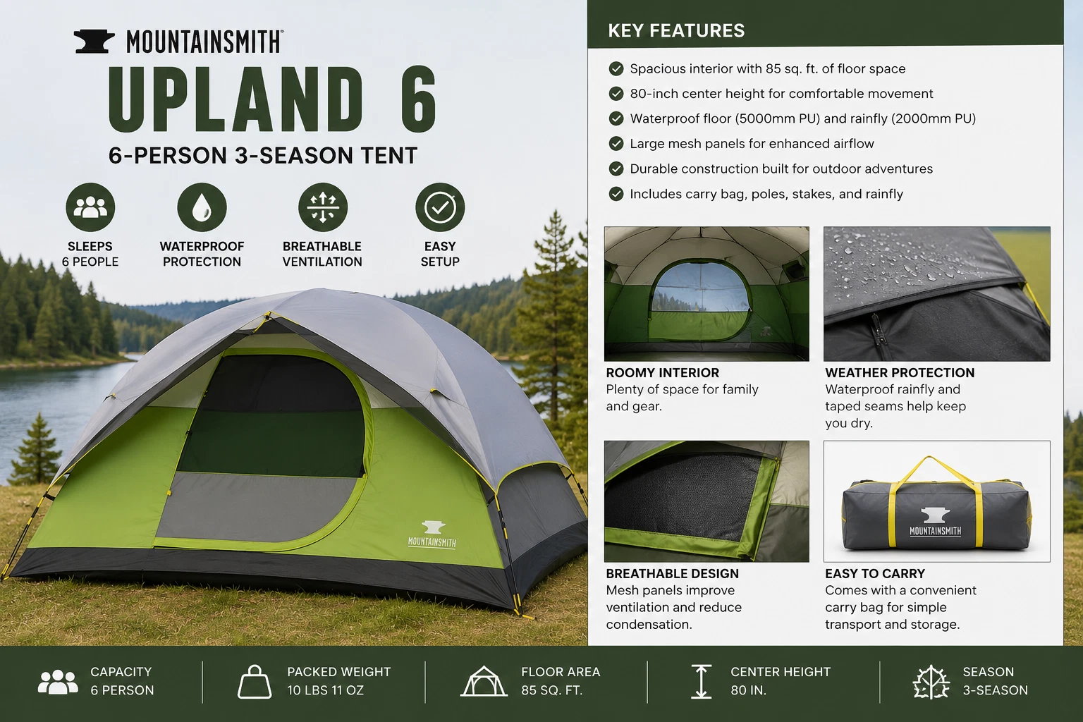 Mountainsmith Upland 6 Camping Tent 6 Person 3-Season Waterproof Family Tent