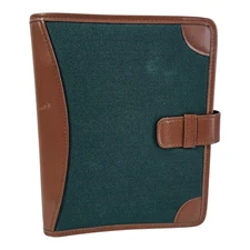 Vintage Day Timer Binder 3 ring Green Canvas Brown Trim Dividers Paper Slot
