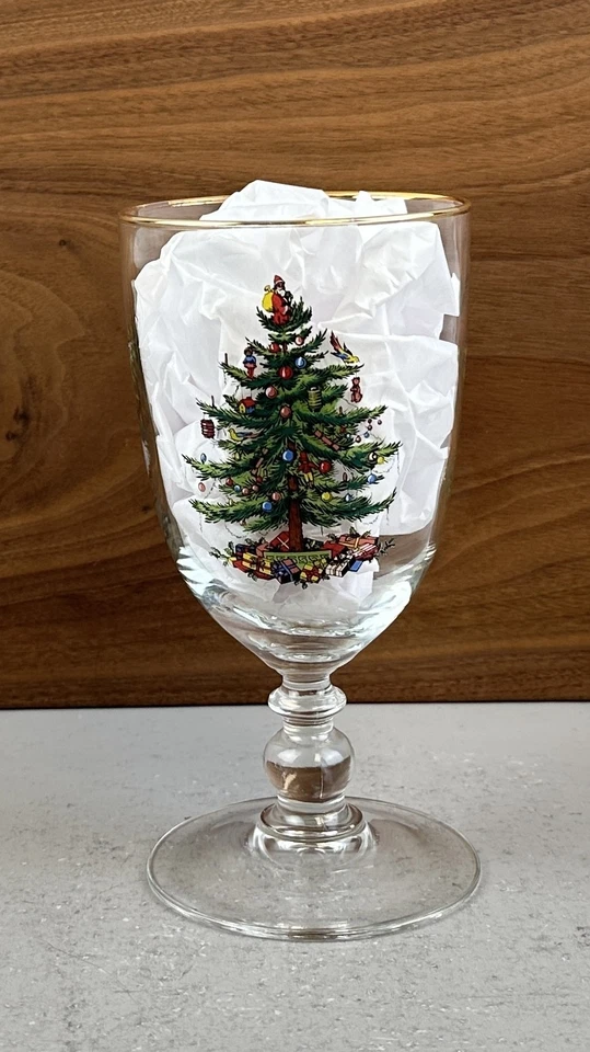 Spode Christmas Tree Goblet Water Iced Tea Glass Pedestal with Box USA Set of 4 - Image 4 of 4