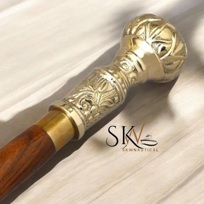 Handmade Brass Knob Handle, Wooden Walking Stick, Travel Cane, Cosplay Prop, Com