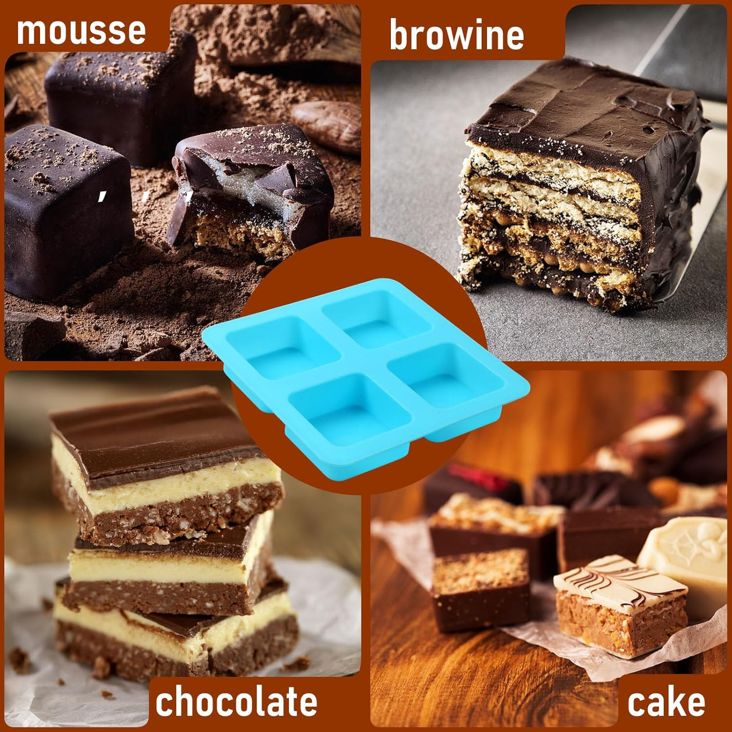 4 Cavity Silicone Square Molds, 3 Pcs Non-Stick Reusable S'Mores Trays