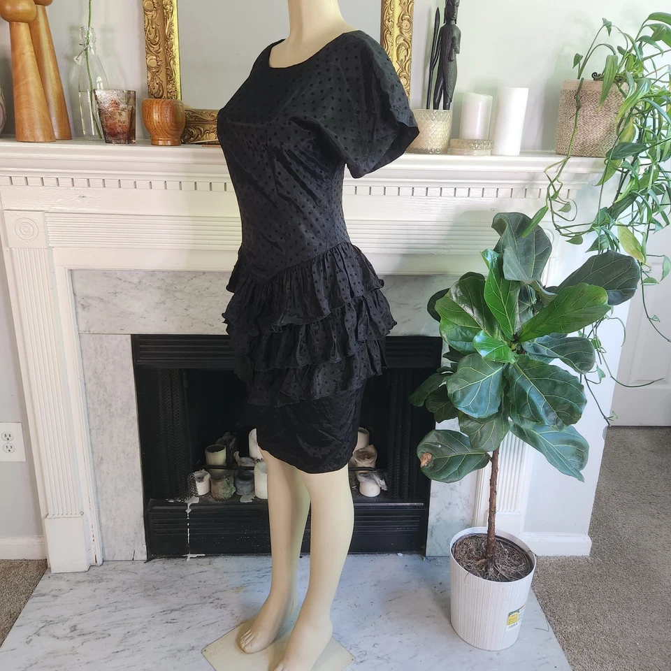 Vintage 80s Black Flocked Dress Sz 5 Polka Dot Ruffle Cocktail Vampy Goth - Image 3 of 4