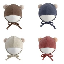 Baby Corduroy Hat Double Balls Solid Infant Lace Up Beanie Cap 6M-1Y Shower Gift