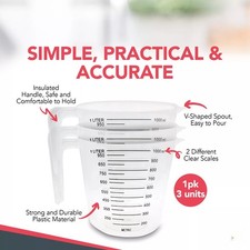 3pk 1 Litre Plastic Clear Measuring Jug Baking Kitchen Cooking Stackable Handle