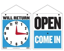 2 Pack BAZIC Open Come In - Will Return Clock Sign, Double Sided Plastic 7.5"X9"