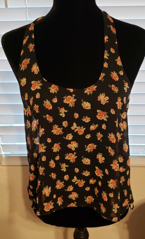 FOREVER 21 Black Floral Sheer Tank Racerback Bows on back Size S