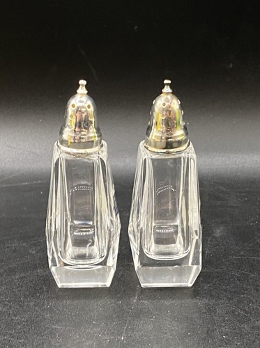 F.B. Rogers Crystal Glass Salt and Pepper Shakers Silverplated Tops Vintage - Picture 2 of 8