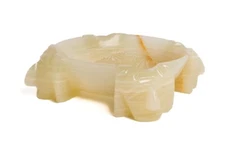 Vintage MCM Azteca Faces Etched Agate Stone Desk Ashtray, 4.5” wide