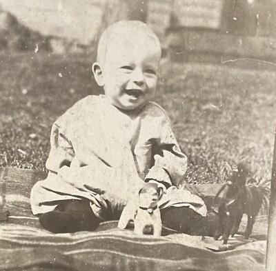 RPPC Photo Baby Donald Baxter Sr. w/ Toy Dog Bell Collar & Pony Horse 1918-1930