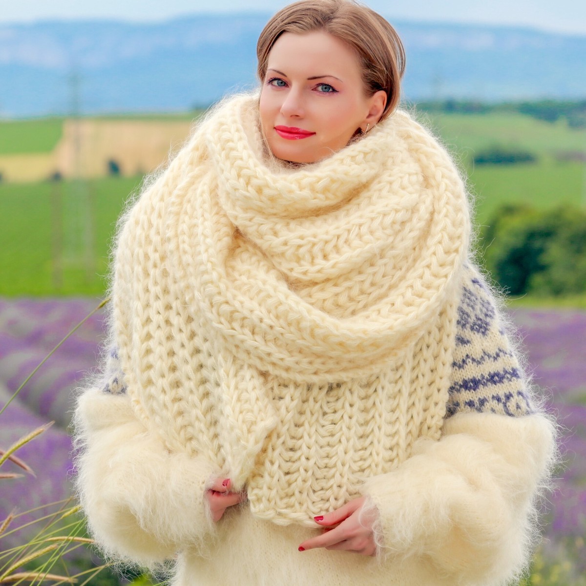 Oversized ivory mohair scarf, extra long fuzzy shawl, handknit