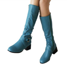 Women Buckle Strap Round Toe Low Heel Side Zipper Mid Calf Knee High Boots 34-43