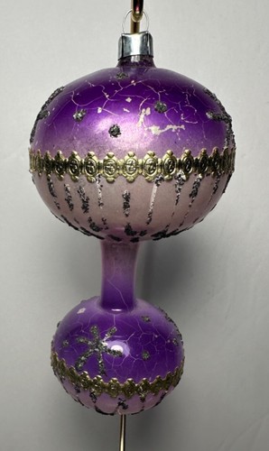 Vtg Glass Double Balloon Finial Embossed Foil Purple Ombre Ornament West Germany