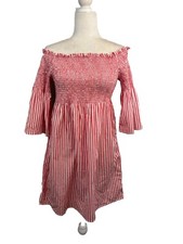 Michael Kors Smocked Flare Sleeve Short Dress Women XS Red And White