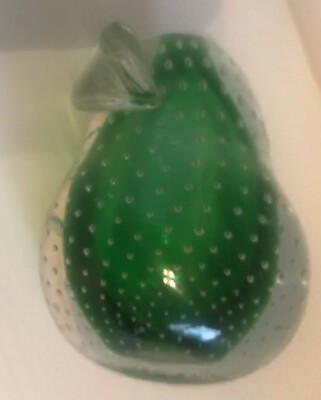 Paper Weight Lefton Green Pear Bubbles 4  Art Glass Some Slight Damage On Stem