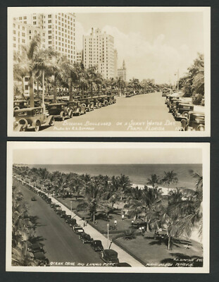 Miami Beach FL: Two c.1930s RPPC Real Photo Postcards BISCAYNE BLVD, OCEAN DRIVE