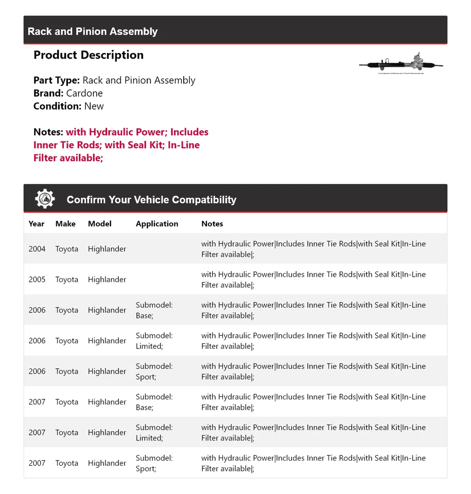 Para 2004-2007 Toyota Highlander conjunto de rack e pinhão Cardone 2005 2006 - Imagem 2 de 4