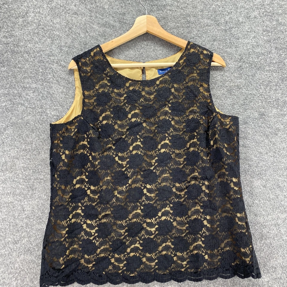 Blusa Karen Scott Mujer L Grande Negra Floral Crochet Sin Mangas Forrada Gancho y Ojo Foto 3 de 4
