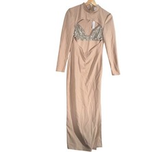 NEW Asos Design Womens Sz 6 Beige High Neck Cut Out Sequin Holiday Winter Dress
