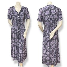Vintage 90s Floral Dress Layered Look Snakeskin Print Shell Buttons Purple Rayon