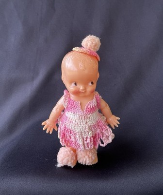Vintage Irwin Plastic Powder Shaker Kewpie Style Doll Pink Crochet Outfit