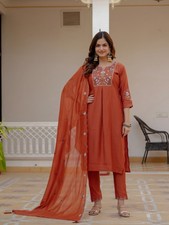 Indian Designer Orange Natural Silk Salwar Kameez With Net Dupatta For Women