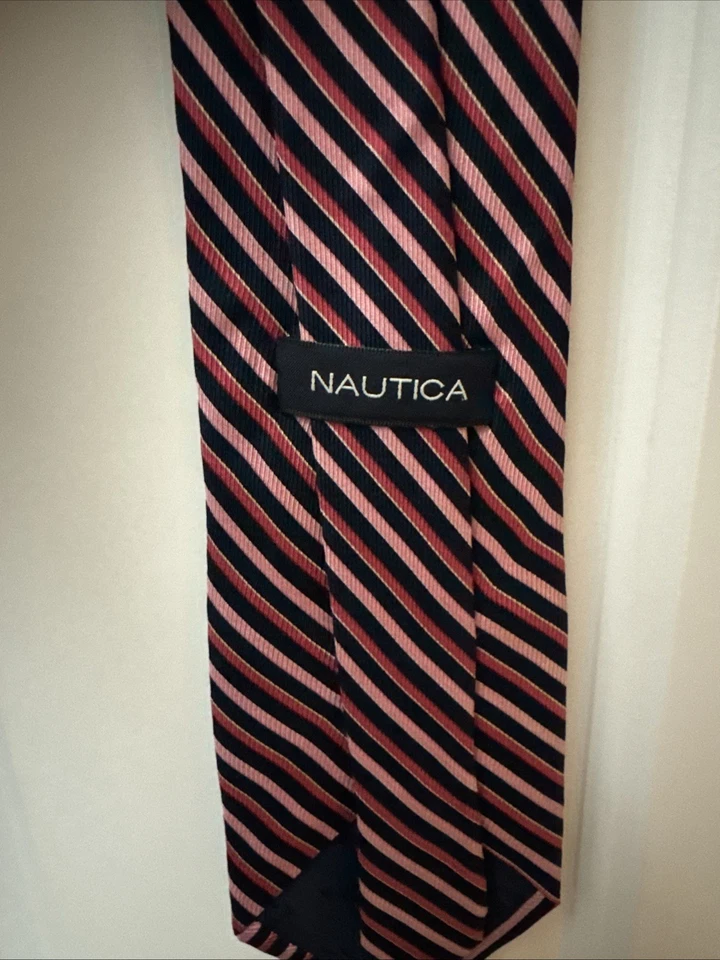 Gravata de seda masculina Nautica listra rosa azul marinho 3,5” largura clássica - Imagem 3 de 4