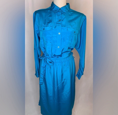 Avon fashions vintage blue satin shirtwaist dress size Large Long sleeve  Collard | eBay