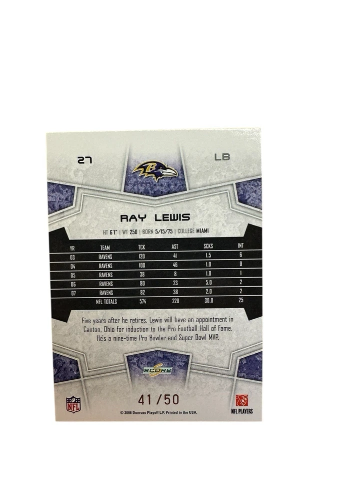 2008 Score Ray Lewis Gold Refractor 41/50 SSP Rare Ravens HOF Holo - Only One On - Image 2 of 3