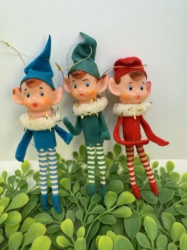 Set of 3 - Vtg CHRISTMAS Pixie Elf Knee Hugger Tall Cone Hat Japan 6" Stripes