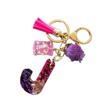 Sweet Glitter Resin Letter J Key Chain Pink Purple Tassel Pom-Pom Modern Women