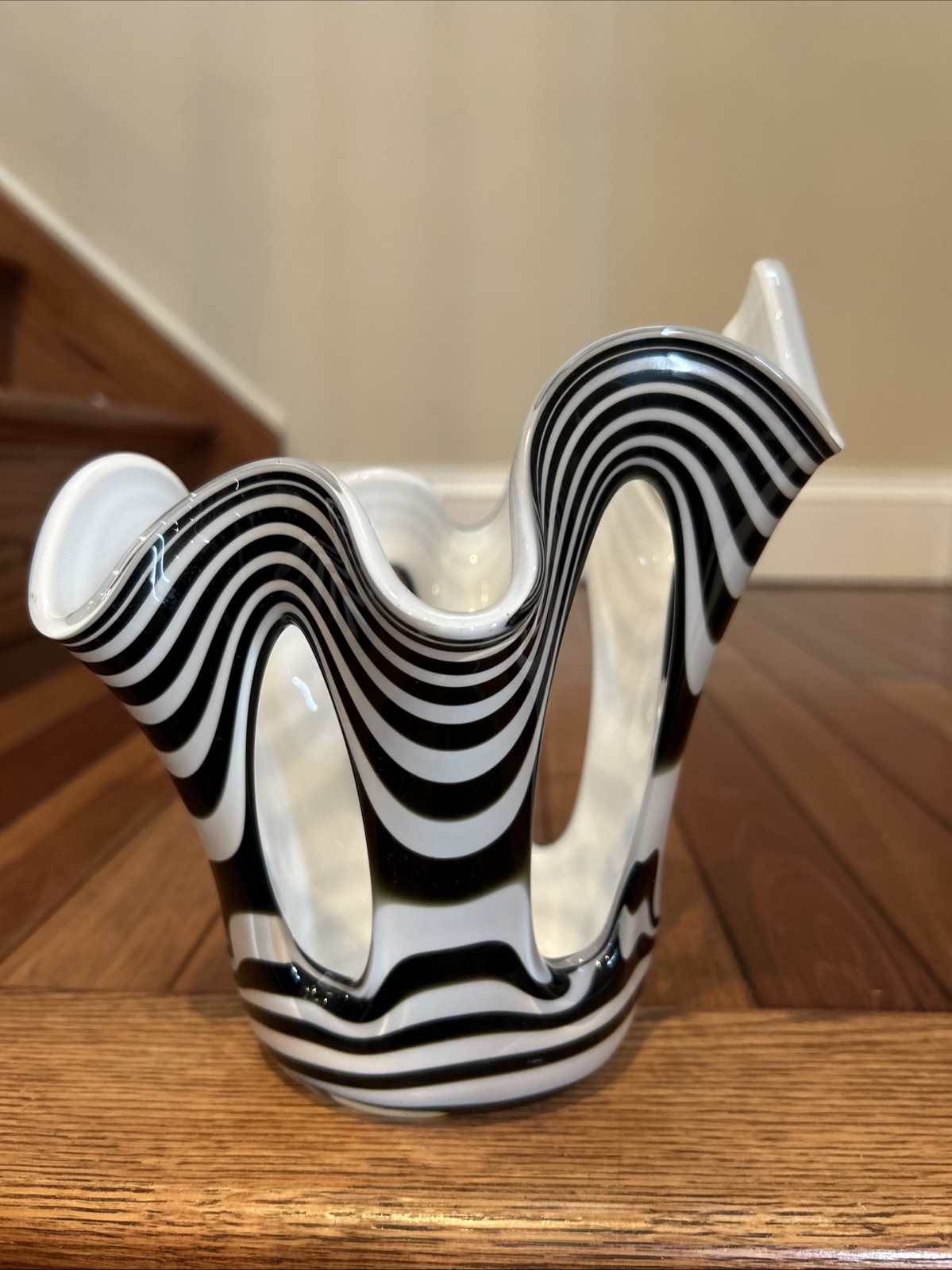 MCM Zorza Art Glass/Candle Holder Hand Made In Poland Black & White Zebra Swirl