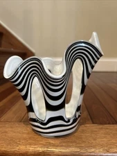 MCM Zorza Art Glass/Candle Holder Hand Made In Poland Black & White Zebra Swirl