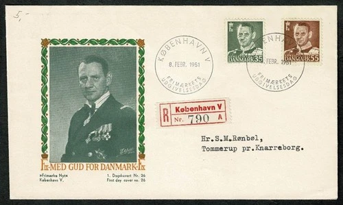 SG72A DENMARK 1951 Reg. FDC Definitive Stamps: King Frederik IX 35 & 55 ore