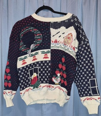 Vintage Christmas Sweater Ginger Bread House Wreath Jingle Bells Duck Hearts