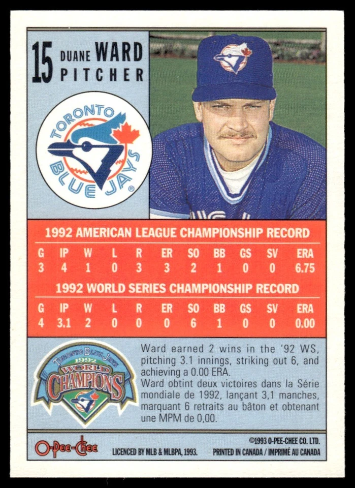 1993 O-Pee-Chee World Champions Duane Ward Toronto Blue Jays #15 - Image 2 of 2