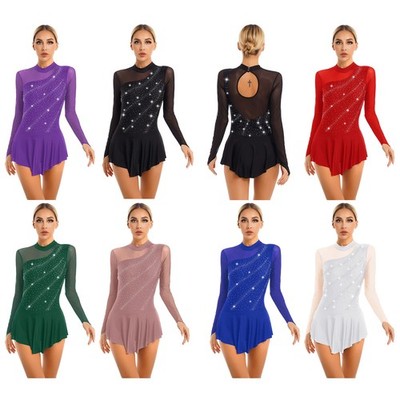 Womens Figure Skating Dress Long Sleeve Rhinestones Roller Skating Dance Leotard