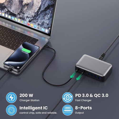 USB C Charger 200W USB C Charger Block,Upgraded GaN III 8-Port Fast Charging ... - Picture 6 of 7