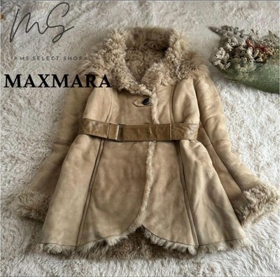 Max Mara WEEKEND Leather Real Fur Mouton Hooded Belted Coat US8 Beige from Japan