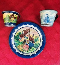 Vtg Tin Litho Toy Dish Hansel Gretel Plate Dutch Scene Cup Children Fairy Tale