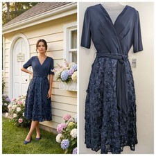 New Alex Evenings Dress 6 Wedding Wear Midi Navy Blue Short Sleeve Formal Wear