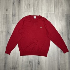 Lacoste Mens V-Neck Sweater Heather Red 100 Cotton Logo Size 6 XL F5178
