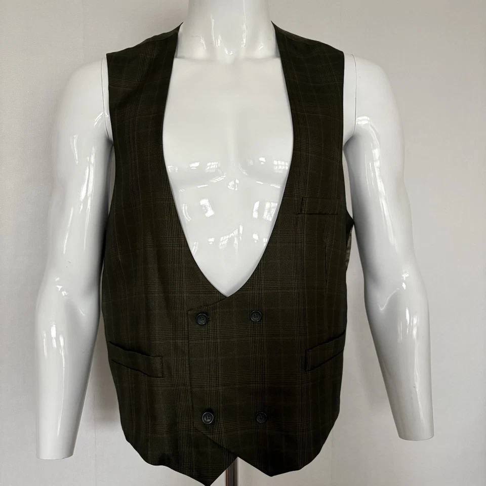 Vinci Men's 3-Piece Suit 42L Olive Green Plaid Blazer Vest Trousers Wedding - Image 4 of 4