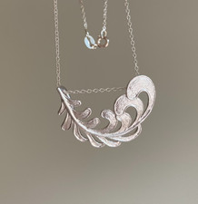 Large matte silver art nouveau style leaf feather pendant on sterling silver 925