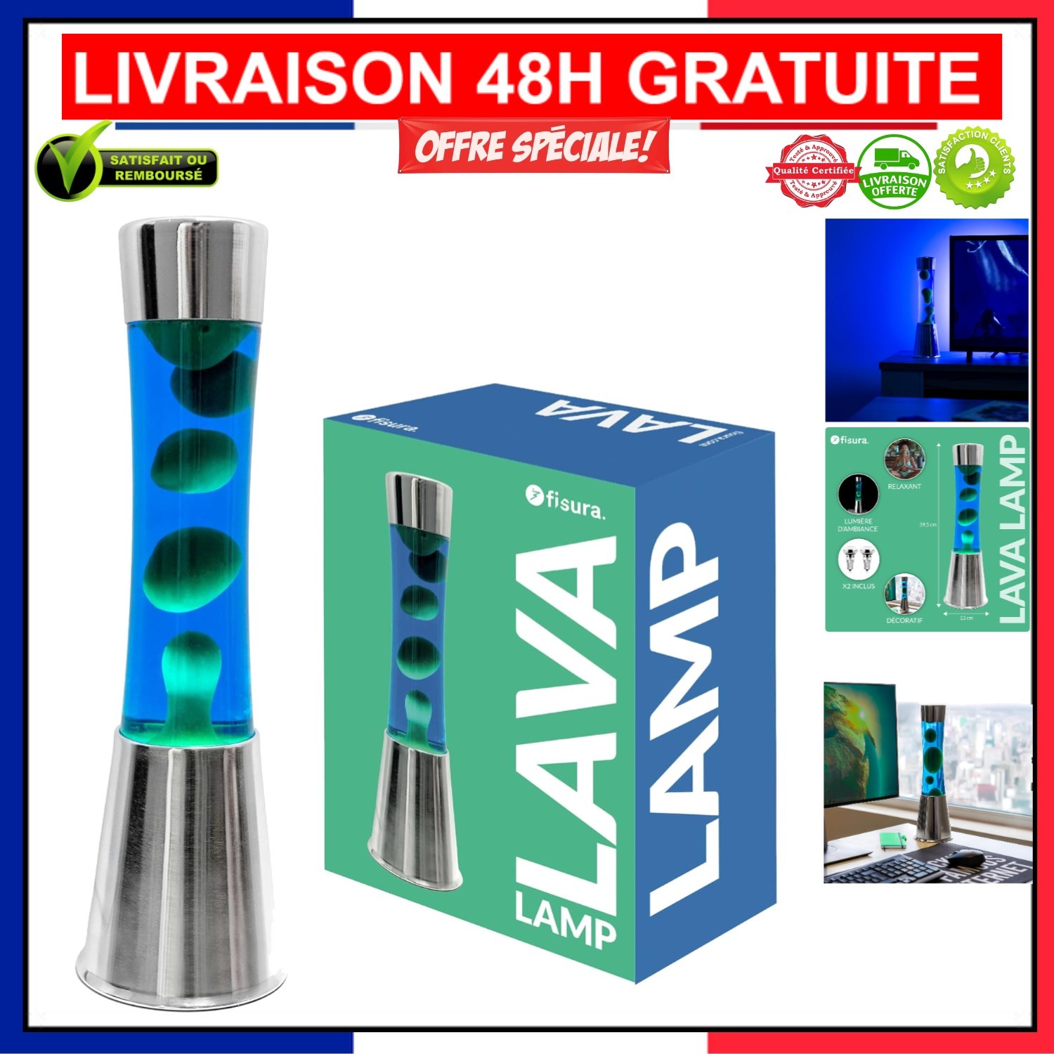 Lampe à Lave Relaxation Fluide Vert et Bleu - Luminaire Veilleuse Anti-Stress de 39,5cm