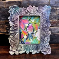 Hummingbird watercolor mini art print in colorful vintage style ornate frame