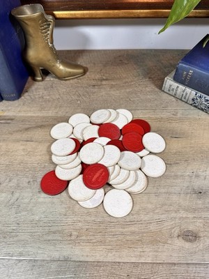 Vintage Pressed Paper Playing Chips Set Of 42 Red White Fleur De Lis - Read Desc