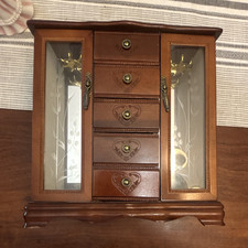 Brown Wood & Glass Jewelry Box Organizer w/ M...
