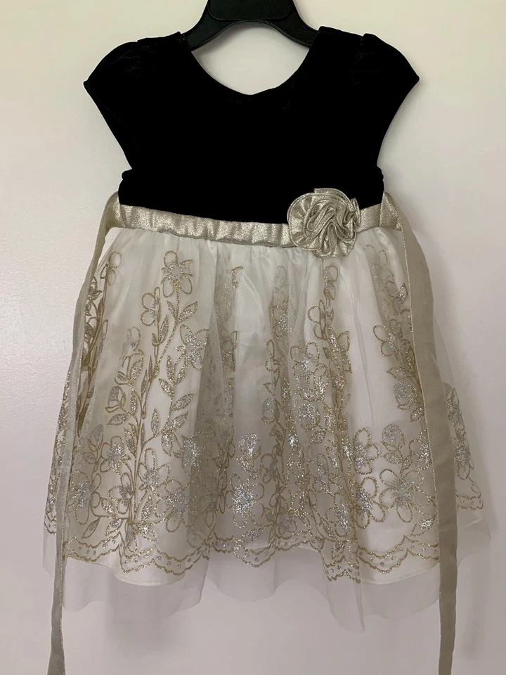 Vestido de vacaciones para bebé niña Jona Michelle dorado brillante plateado y negro terciopelo talla 2T Foto 2 de 4