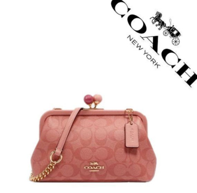 COACH Kiss Lock Logo Pink 2way Hand Bag Shoulder Bag Rare