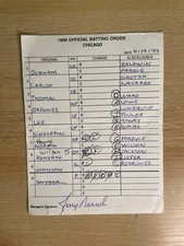 6/19/99 Jerry Manuel White Sox Signed Game Used Lineup Umpire Card B386